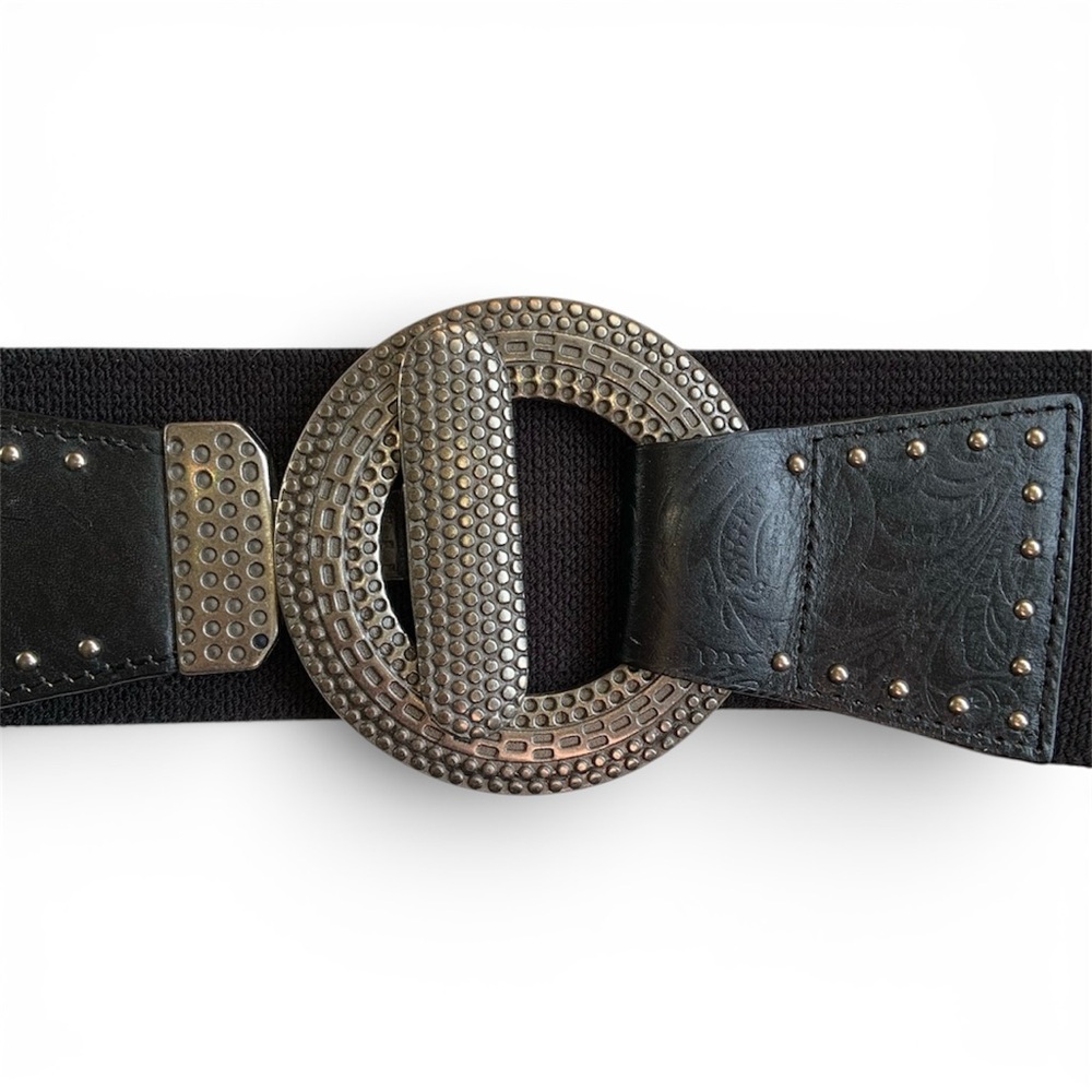Black Belt Genuine Leather And Linen Stretch Silver Accents Women’s Size M/L